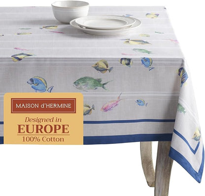 Maison d' Hermine Table Cloth Rectangle Table 100% Cotton 54 x 72 Inches Tablecloth Reusable Decorative Everyday Use for Dining Room, Farmhouse, Home, Party, Festive & Wedding Spring Summer - Poisson