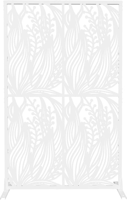Metal Privacy Screen Room Divider 72" H x 45.3" W, Free Standing Decorative Panel with Bird Design for Indoor Outdoor Use, Black Iron Partition for Patio Balcony Garden (Leaf White)