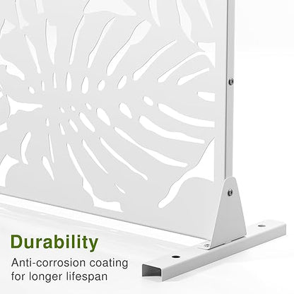 Casaphoria 72" H x 47" W Metal Outdoor Privacy Screen, Freestanding Decorative Divider for Patio, Deck, Balcony, and Garden with Stable Base, White Bamboo Leaves