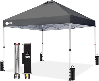 CROWN SHADES 10x10 Pop Up Canopy - Beach Tent with One Push Setup - Easy Outdoor Sun Shade Shelter for Events, Parties - Gazebo with STO-N-Go Cover Bag, Silver Coated Top, Grid Grey