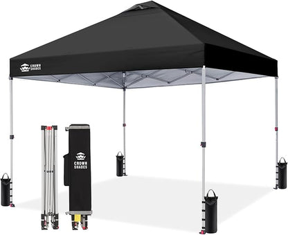 CROWN SHADES 10x10 Pop Up Canopy - Beach Tent with One Push Setup - Easy Outdoor Sun Shade for Events, Parties, Camping - Gazebo with STO-N-Go Cover Bag, Silver Coated Top, Black