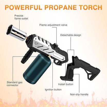 Powerful Propane Torch Gun, Kitchen Grill Torch with Detachable Design, Adjustable Flamethrower Torch Burner for Searing Steak, BBQ, Welding, Camping Charcoal Lighter(Tank Not Included)