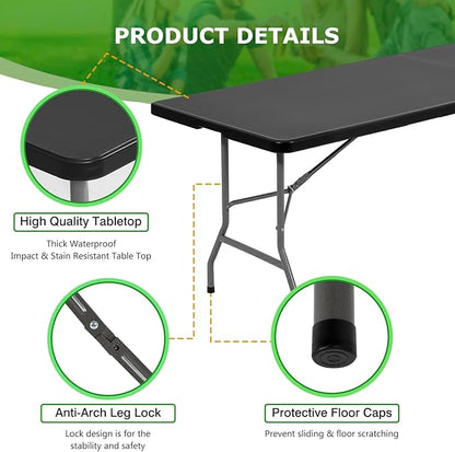 BestOffice 8 FT Picnic Table Folding Table Camping Plastic Table Fold Up Table Lock for Party Event, Black