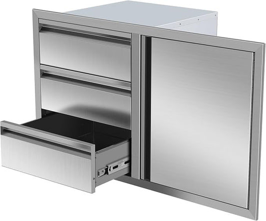 Outdoor Kitchen Drawer Combo, Stainless Steel Triple Drawers & 2 Trash Can Drawers, Enclosed Built-in Drawer Flush Mount For Outdoor Kitchens & BBQ Islands,G4