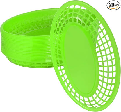 20 Pack Plastic Fast Food Baskets, 8.8" × 5.5" Small Oval Restaurant Serving Baskets Tray for Burgers, Sandwiches, Hot Dogs, Parties, Food Trucks, Reusable or Disposable, Stackable(Green)