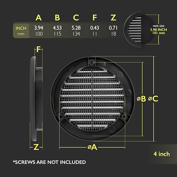 4 Inch [Opening] Black Air Vent Cover – Pack of 10 – Plastic Round Air Vent Grill Cover for Wall or Ceiling, Built-in Mesh Screen/HVAC Return Air Register – Modern Louvered Design