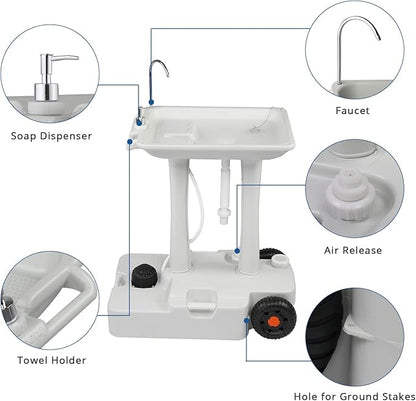 VINGLI 30L Upgraded Portable Sink| Rolling Hand Wash Basin Stand with Towel Holder & Soap Dispenser & Wheels, Perfect for Garden/Camping/Outdoor Events/Gatherings/Worksite/RV/Indoor, White