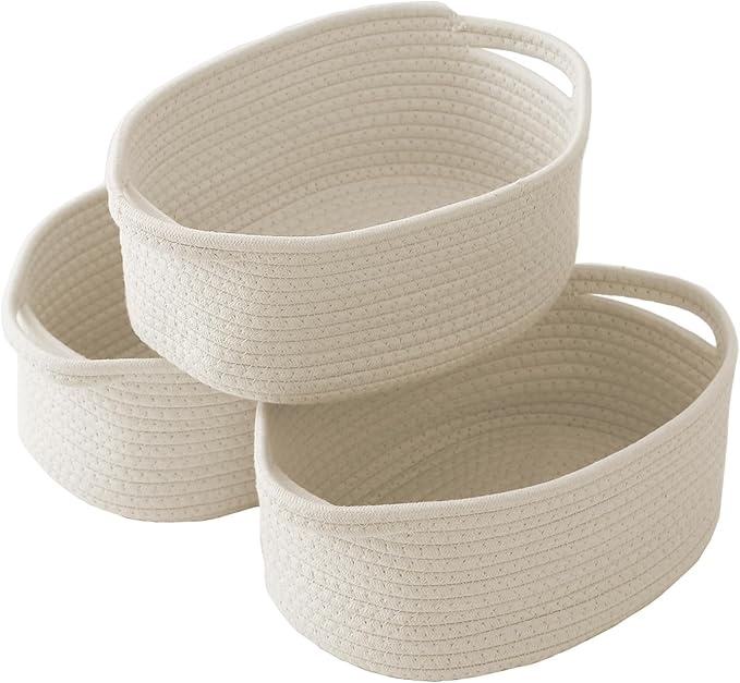 Woven Basket,Small Rope Storage Bin with Handles & Ribbon Bag, Organizer for Shelves Closets,Gift Basket Empty for Birthday,Books,Dog Toys,White/3 Pack