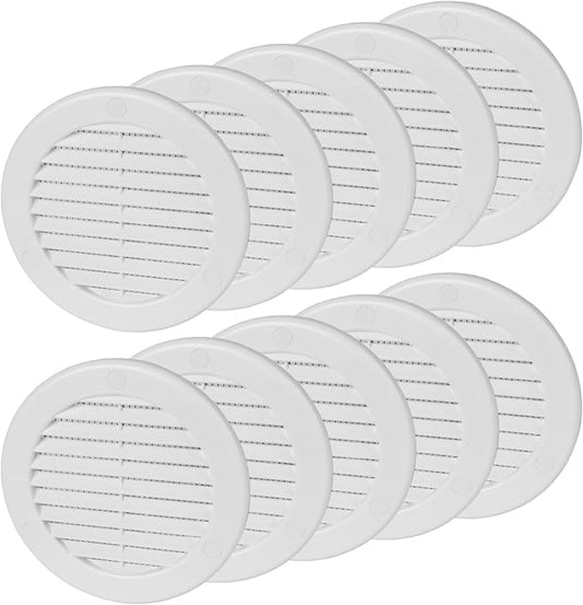 4 Inch [Opening] White Air Vent Cover – Pack of 10 – Plastic Round Air Vent Grill Cover for Wall or Ceiling, Built-in Mesh Screen/HVAC Return Air Register – Modern Louvered Design