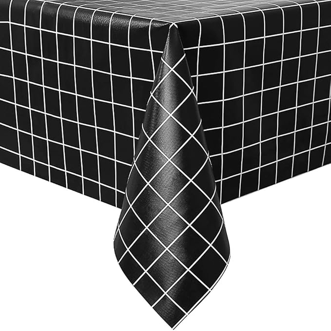Romanstile Rectangle Vinyl Tablecloth, 100% Waterproof Oil-Proof Checkered Plastic Table Cloth, Heavy Duty Wipeable Table Covers for Dining, Camping, Picnic, Outdoor - 54 x 78 Inch, Black
