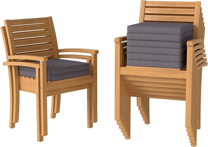 Stackable Patio Dining Chairs Set of 8, Dark Grey | Outdoor Acacia Wood Chairs - Image 7