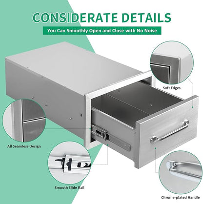 Outdoor Kitchen Drawers 14" W x 8.5" H x 23" D Stainless Steel Single Drawers with Ergonomic Handle for BBQ Island, Patio Grill Station & Outdoor Kitchen Cabinets