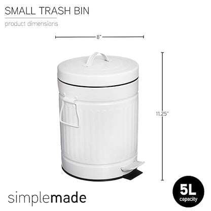 SIMPLEMADE Round Step Trash Can - 5 Liter / 1.3 Gallon - Stainless Steel Bathroom Wastebasket, Small Metal Can with Lid, White