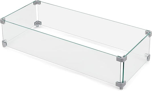 NUU GARDEN 27.6'' x 11.7'' x 6.5" Rectangular Fire Pit Wind Guard, Transparent Tempered Glass, Polished Aluminum Brackets, 3M Anti-Slip Pads, Fit for Best Choice 52-inch Fire Table WG01