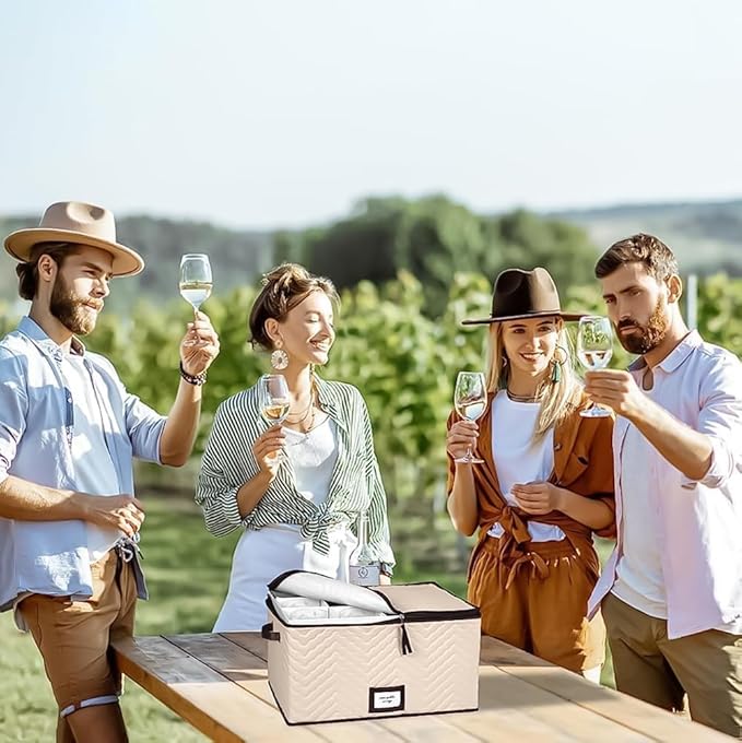 Wine Glass Storage Box with Dividers - Stemware Storage Case, Durable Quilted Microfiber Bin with Carry Handles, Protects Fine China - (1 Pack, Champagne Flute)