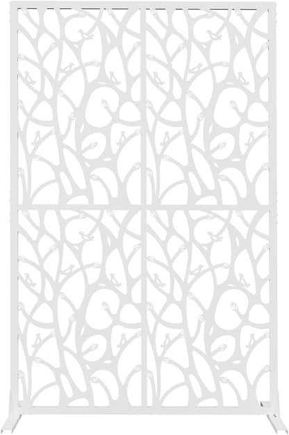 Metal Privacy Screen Room Divider 72" H x 45.3" W, Free Standing Decorative Panel with Bird Design for Indoor Outdoor Use, Black Iron Partition for Patio Balcony Garden (Bird White)