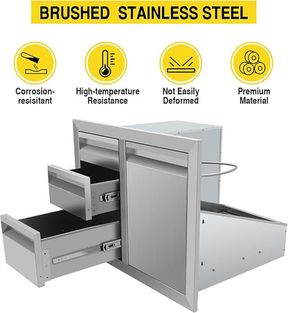 Outdoor Kitchen Drawer Combo, Stainless Steel Triple Drawers & 2 Trash Can Drawers,Enclosed Built-in Drawer Flush Mount For Outdoor Kitchens & BBQ Islands ﻿ ﻿,G1