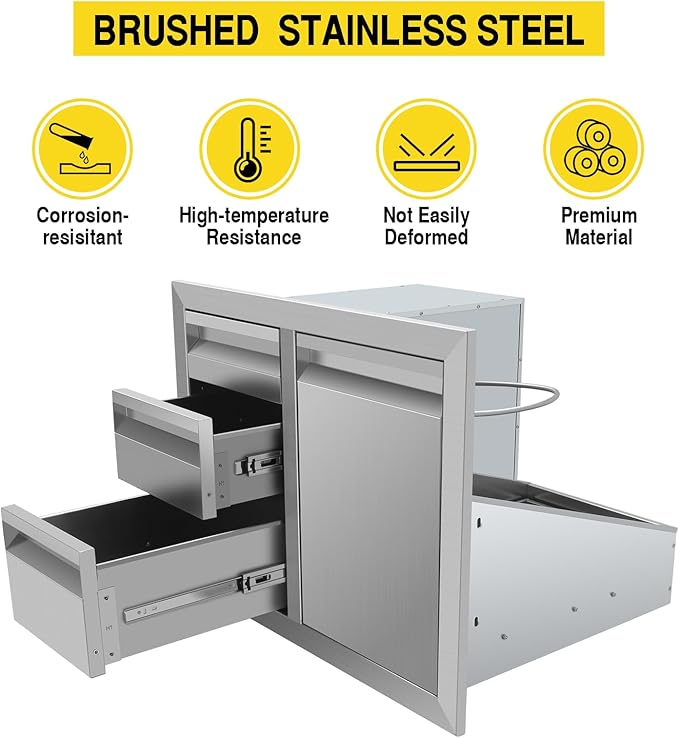 Outdoor Kitchen Drawer Combo, BBQ Access Trash Drawer Combo With Stainless Steel, Outdoor Kitchen Trash Drawer For BBQ Island, Grilling Station, Outside Cabinet,G1
