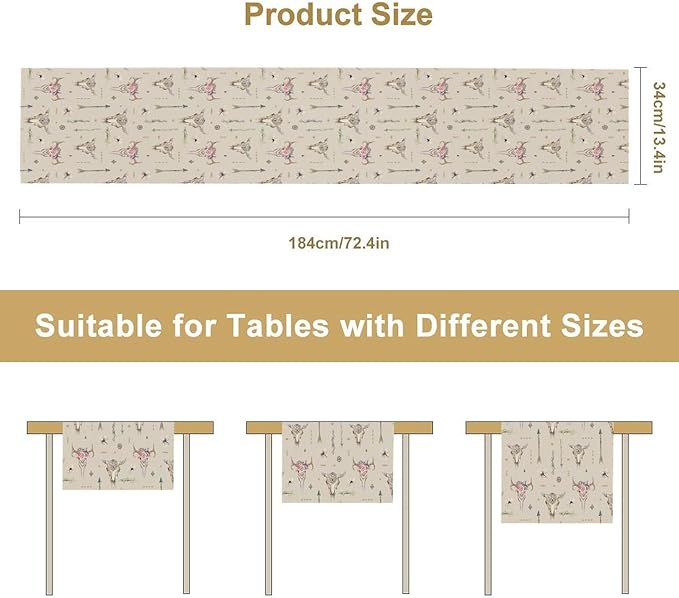 Western Boho Table Runner, Aztec Native Tribal Bull Skull Southwestern Bohemian Geometric Floral Pattern Table Runner for Home Kitchen Dining Party Farmhouse Cafe 13x70in