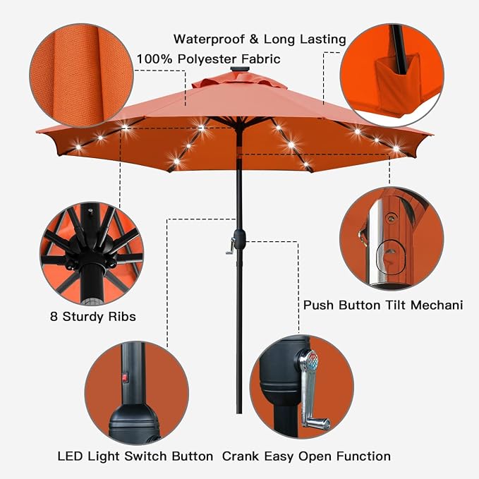Sunnyglade 9' Solar LED Patio Umbrella, 8 Ribs, Tilt & Crank | 9Ft Patio - Image 2