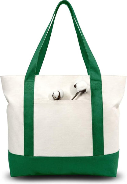 TOPDesign 3-Pack Canvas Tote Bags with an External Pocket, Reusable Grocery Shopping Bags, Top Zipper Closure, Daily Essentials (Green/Natural)