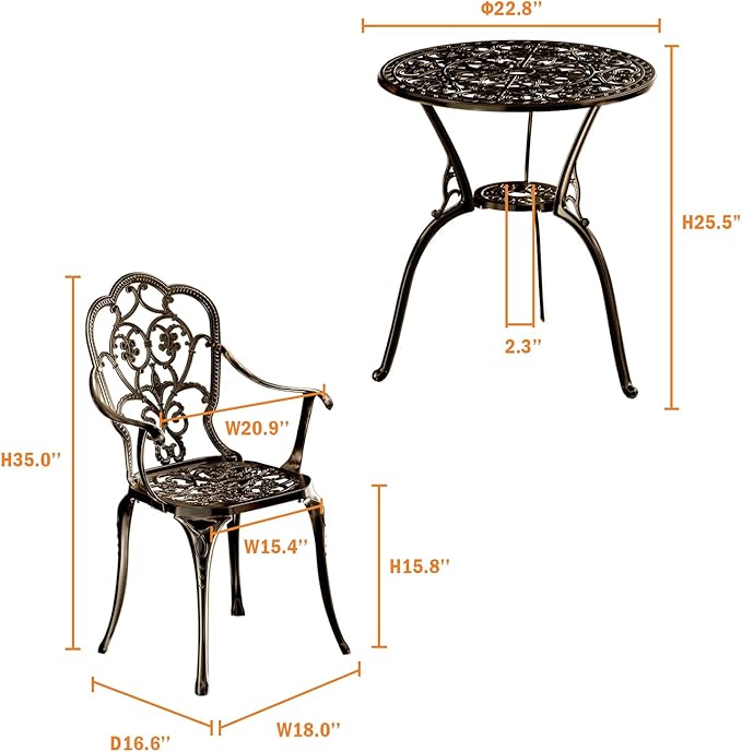Patio Bistro Set of 2, Cast Aluminum, Outdoor Set w/Umbrella Hole, 3 Piece Table and Chairs Set, Bistro Set for Backyard/Garden/Lawn, Bronze