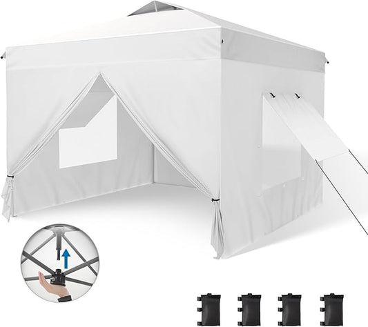 PHI VILLA 10x10 Pop Up Canopy Tent with Sidewalls - Easy Up Tent with Mesh Windows for Ventilation, Waterproof Design - Ideal for Parties, Beach, and Outdoor Events (White)