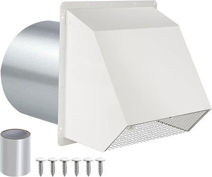 6 Inch Hooded Wall Vent with Screen and Damper,Wall Exhaust Vent Cover Cap,Dryer Vent Cover Outside,Exterior Wall Vent Hood Outlet Air Vent for Kitchen Range Hood Air Ventilation,Galvanized Steel,Whit