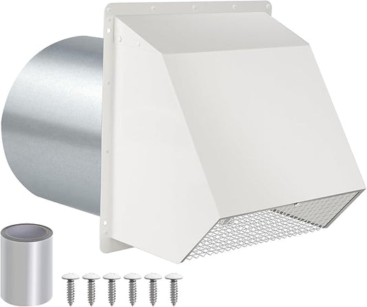 6 Inch Hooded Wall Vent with Screen and Damper,Wall Exhaust Vent Cover Cap,Dryer Vent Cover Outside,Exterior Wall Vent Hood Outlet Air Vent for Kitchen Range Hood Air Ventilation,Galvanized Steel,Whit