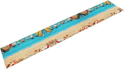 Summer Coastal Table Runner, Nautical Starfish Beach Seashell Ocean Retro Wooden Plank Seasonal Coffee Table Center Decor for Home Kitchen Dining Patio Holiday Party Table Decorations 13"x36"