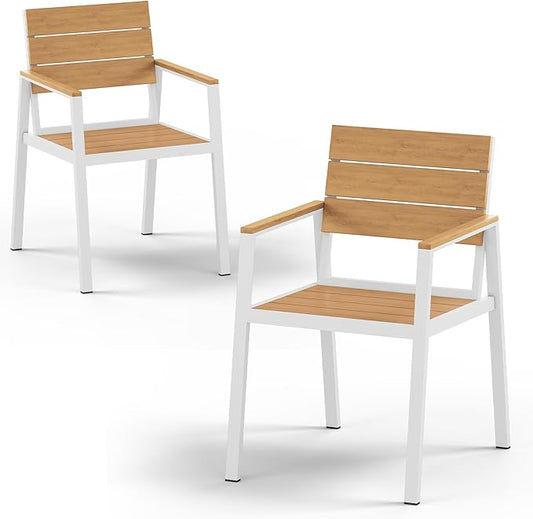 Outdoor Patio Dining Chairs Set of 2, 350LBS Capacity Aluminum Patio Dining Chairs with Armrests, Weather-Resistant for Lawn, Garden, Yard, Poolside and Indoor Use (White & Teak)