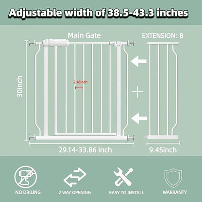 TSAYAWA Extra Wide Baby Gate with Door,38.5-43.3 Inch Walk Through Large Long Child Gates for Stair Doorway - Indoor TSAYAWA Outdoor Safty Gate for Toddler Pet Dog Doggie White