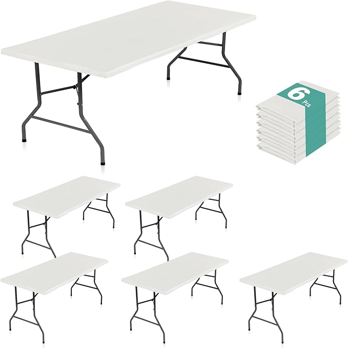 LUSHVIDA 6 Packs Vinyl Tablecloths with Flannel Backing for 8ft Rectangle Folding Table Cloths - Waterproof Plastic Picnic Table Covers with Elastic Corners, 30x96 inch, Ivory
