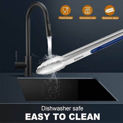 Tongs For Cooking - Heat Resistant 600 Degrees Stainless Steel Kitchen Tong, Heavy Duty Metal Locking Tongs - For Food,Salad, grilling, BBQ 7",9" & 12 inch, set of 3 Dishwasher Safe Blue