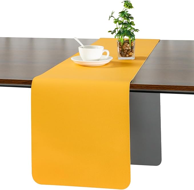 Myir JUN Table Runner Double Sided Vinyl Runner Table 94 Inch Long Runner for Table Washable Waterproof Non-Slip for Home Decorations Gray Yellow,12 x 94 inch
