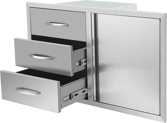 Outdoor Kitchen Drawer Combo, Stainless Steel Triple Drawers & 2 Trash Can Drawers, Enclosed Built-in Drawer Flush Mount For Outdoor Kitchens & BBQ Islands,G3
