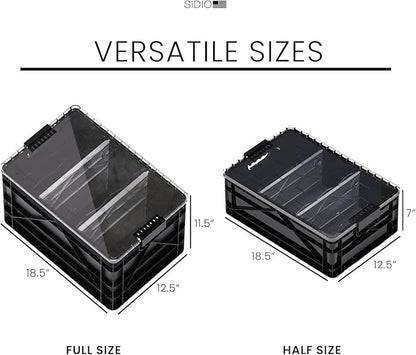 SIDIO Crate Pro Pack - 2 Full-Size & 1 Half-Size Heavy Duty Stackable Storage Bins, Totes and Containers with Lids and Dividers - Durable Plastic Organizer for Home, Office, Garage, and Outdoor Use