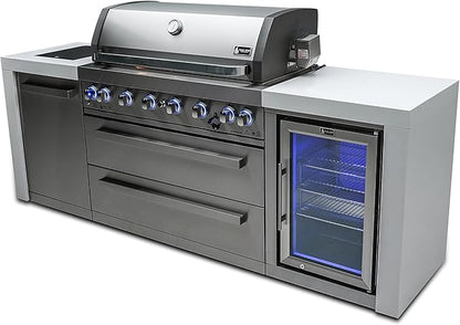 Mont Alpi 805 MAi805-DFC 115000 BTU Stainless Steel Deluxe Modular Outdoor Kitchen Island BBQ Grill with Fridge Cabinet + Infrared Rear & Side Burner + Granite Countertops + Rotisserie Kit & Cover
