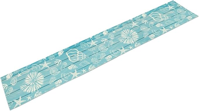 Beach Starfish Table Runner, Blue Wooden Nautical Coastal Ocean Seashell Teal Print Summer Vintage Coffee Table Center Decor for Family Holiday Party Kitchen Farmhouse Table Decorations, 13" X 36"
