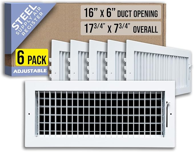 [6 Pack] Fits 16x6 Duct Opening Steel Adjustable Air Supply Grille by Handua | Register Vent Cover Grill for Sidewall and Ceiling | White | Out. Dim.: 17.75" X 7.75"