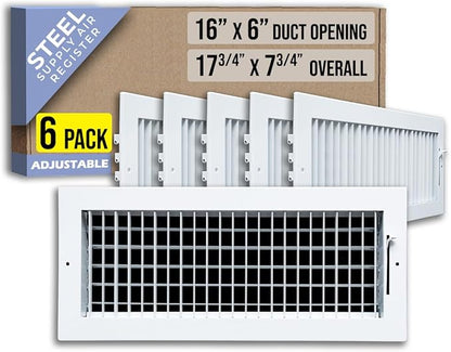 [6 Pack] Fits 16x6 Duct Opening Steel Adjustable Air Supply Grille by Handua | Register Vent Cover Grill for Sidewall and Ceiling | White | Out. Dim.: 17.75" X 7.75"