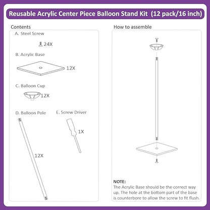 Reusable Acrylic Balloon Stand Kit – Heavy Duty Tabletop Display with Sticks and Base, Ballon Stands for Centerpieces, Centerpiece Table Decorations for Parties (12 Pack 16 inch)