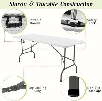 Fivenl 2 Pack 6 FT Folding Tables White Foldable Table, Fold-in-Half with Carrying Handle Portable Plastic Rectangular Table for Party, Dining, Wedding, Camping, Picnic, Indoor Outdoor Events