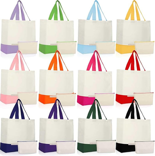 Sanwuta 24 Pcs Canvas Tote Bags Bulk with Zipper Cosmetic Bags 18.5" Cotton Canvas Bag with Handles Reusable Shopping Bags