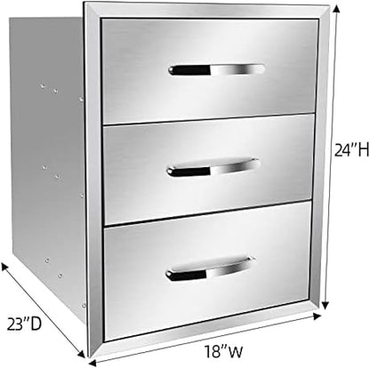 Stainless Steel Outdoor Kitchen Drawers - 3-Drawer BBQ Drawer, Built-in, Flush Mount for Outdoor Kitchens & BBQ Islands, 18Wx23Dx24H