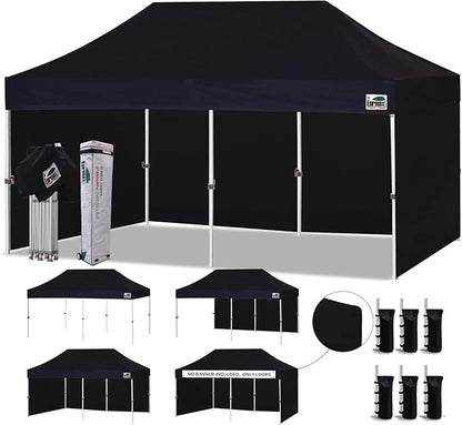 Eurmax USA 10'x20' Pop-up Canopy Tent Commercial Instant Canopies with 4 Removable Zipper End Side Walls and Roller Bag, Bonus 6 SandBags(Black)
