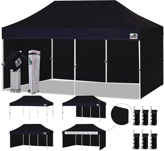Eurmax USA 10'x20' Pop-up Canopy Tent Commercial Instant Canopies with 4 Removable Zipper End Side Walls and Roller Bag, Bonus 6 SandBags(Black)