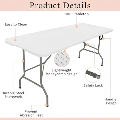 Set of 2 Folding Tables with Carrying Handle Heavy Duty Rectangular Portable Plastic Camping Table Steel Legs for Party, Dining, Wedding, Events, Picnic Indoor, Outdoor (8FT, White)