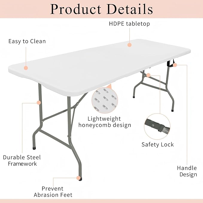 Set of 2 Folding Tables with Carrying Handle Lightweight Rectangular Portable Plastic Camping Table Steel Legs for Party, Dining, Wedding, Events, Picnic Indoor, Outdoor (6FT, White)