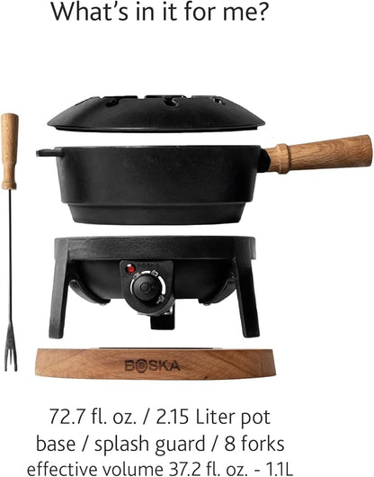 BOSKA Electric Fondue Set Pro/For Cheese, Chocolate and Broth Fondue / 8 people/Robust Cast-Iron/High Quality Materials/Splash Guard Included/Extra-long Cord/Black